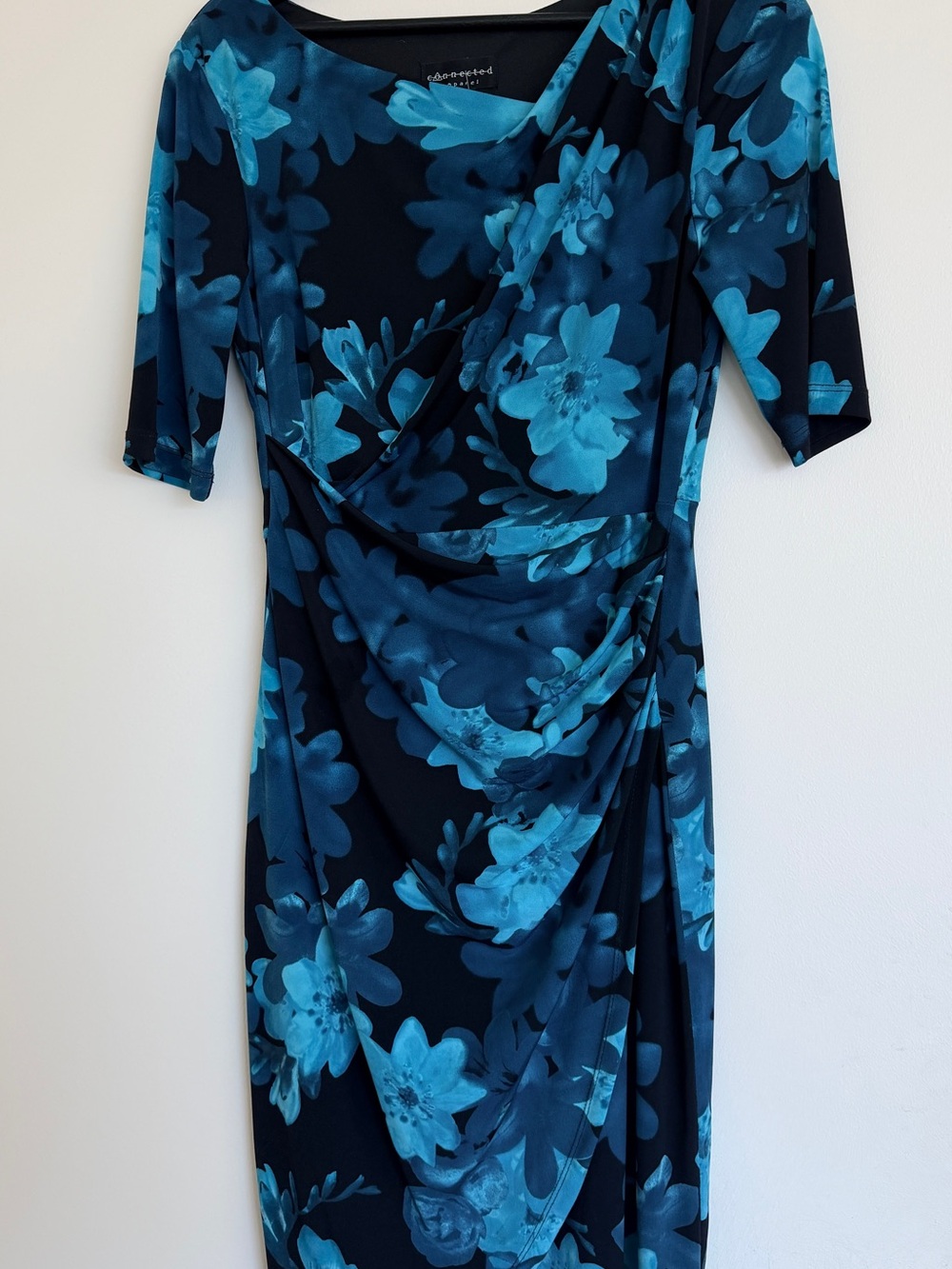 Charter Club Teal and Navy Floral Draped Midi Dress
